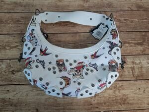 Ed Hardy White Shoulder Bag Studs Red Heart Rose Tiger Tattoo Print Y2K Purse